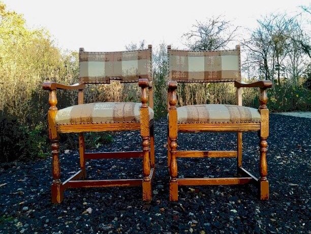 Solid Oak Carver Chairs in Moon Wool Plaid - Hand Studded - Antique Nails